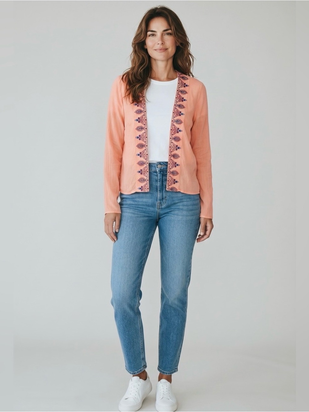 Anama Embroidered Boho Lightweight Flyaway Cardigan // Orange // Medium // NEW